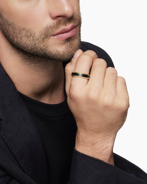 Mens Beveled Band Ring in 18K Yellow Gold with Black Titanium, 6mm