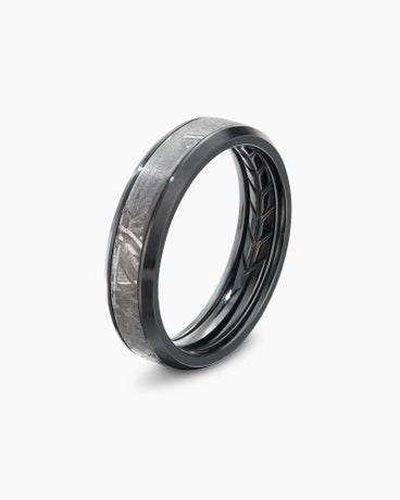 Bevelled Band Ring in Black Titanium with Meteorite, 6mm