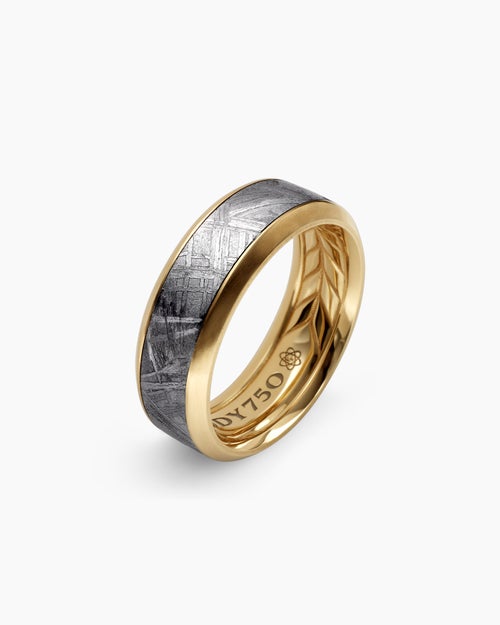 Mens Beveled Band Ring in 18K Yellow Gold with Meteorite, 8.5mm