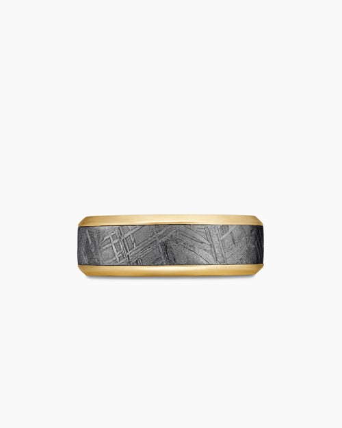 Mens Beveled Band Ring in 18K Yellow Gold with Meteorite, 8.5mm