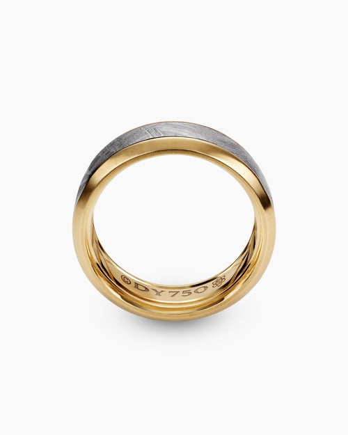 Mens Beveled Band Ring in 18K Yellow Gold with Meteorite, 8.5mm