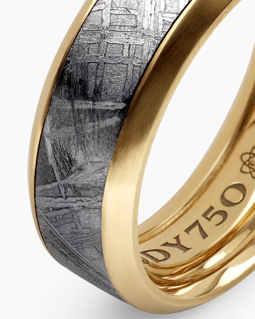 Mens Beveled Band Ring in 18K Yellow Gold with Meteorite, 8.5mm