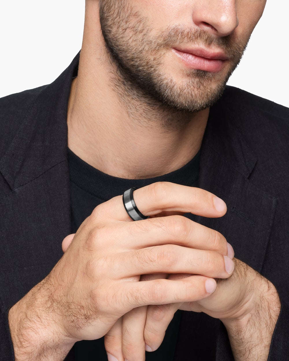 Mens Beveled Band Ring in Black Titanium with Grey Titanium, 8.5mm