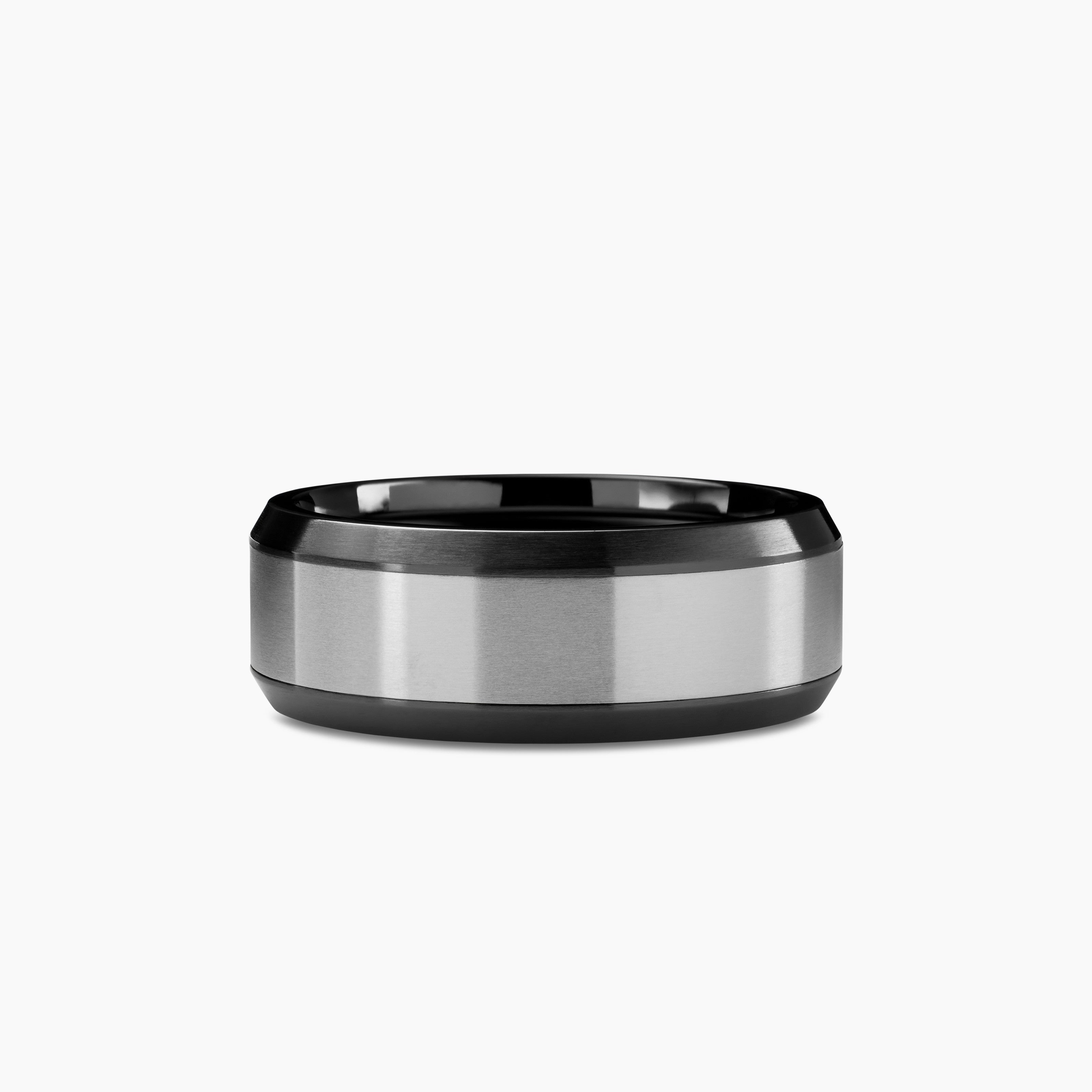 Mens Beveled Band Ring in Black Titanium with Grey Titanium, 8.5mm