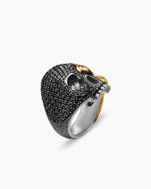 Mens Waves Skull Ring in Sterling Silver with 18K Yellow Gold and Diamonds, 26mm