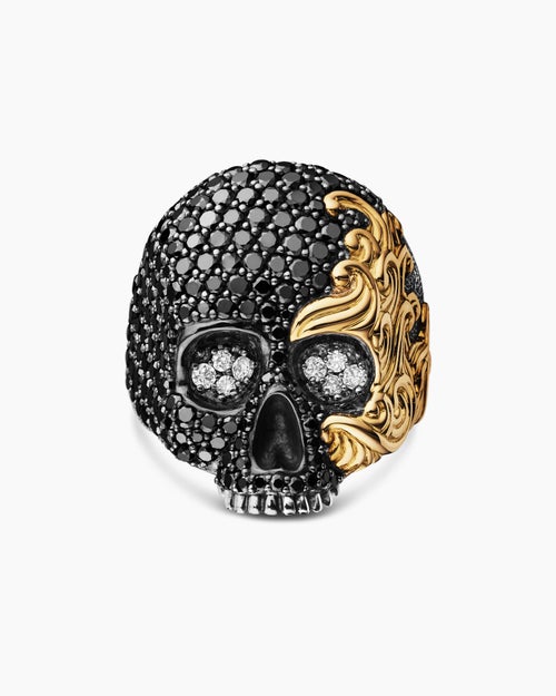 Mens Waves Skull Ring in Sterling Silver with 18K Yellow Gold and Diamonds, 26mm
