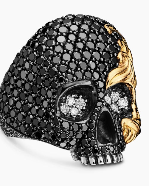 Mens Waves Skull Ring in Sterling Silver with 18K Yellow Gold and Diamonds, 26mm