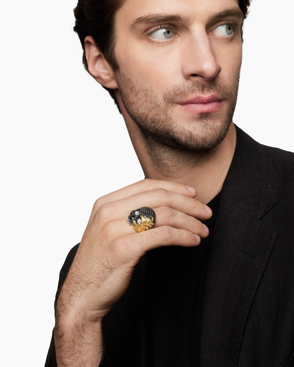 Mens Waves Skull Ring in Sterling Silver with 18K Yellow Gold, 26mm