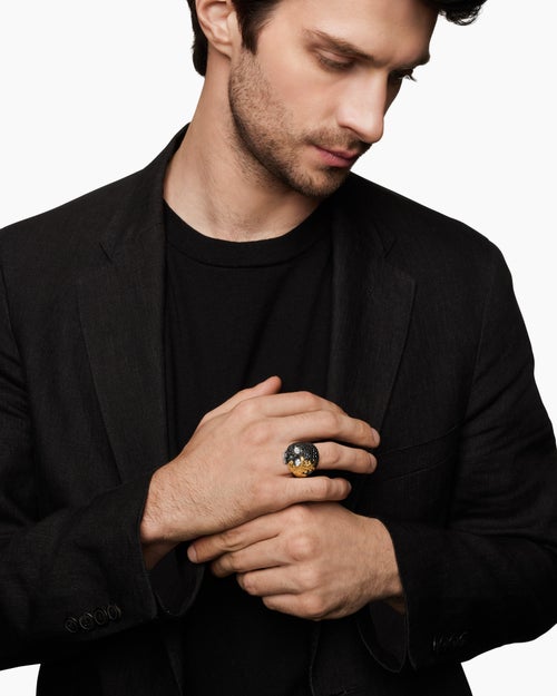 Mens Waves Skull Ring in Sterling Silver with 18K Yellow Gold and Diamonds, 26mm