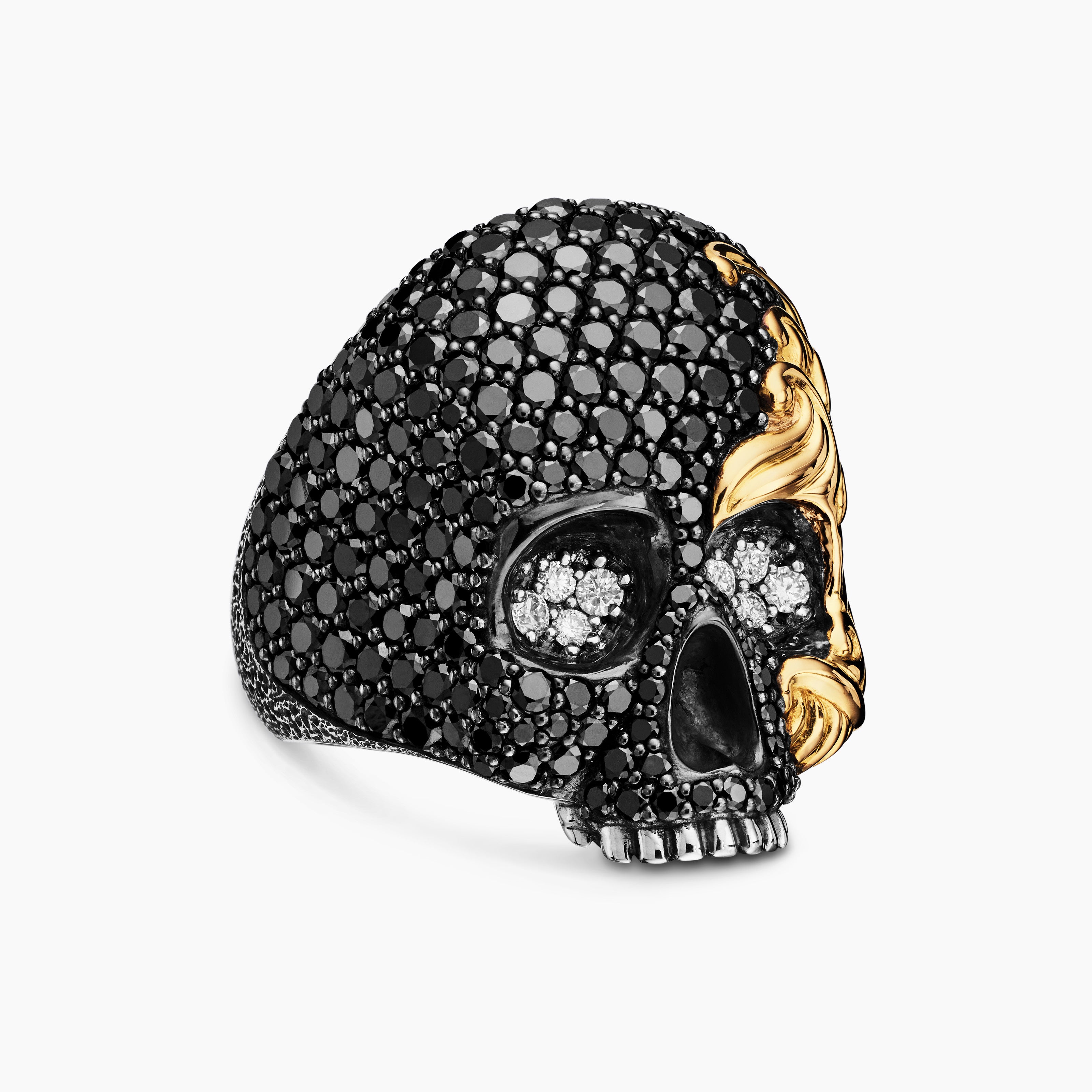 Mens Waves Skull Ring in Sterling Silver with 18K Yellow Gold, 26mm
