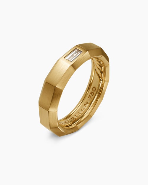 Mens Faceted Band Ring in 18K Yellow Gold with Diamond, 6mm