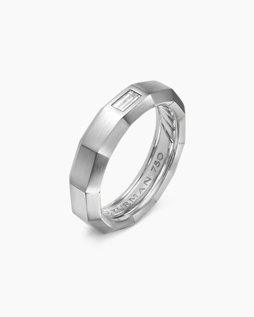 Mens Faceted Band Ring in 18K White Gold with Center Diamond, 6mm