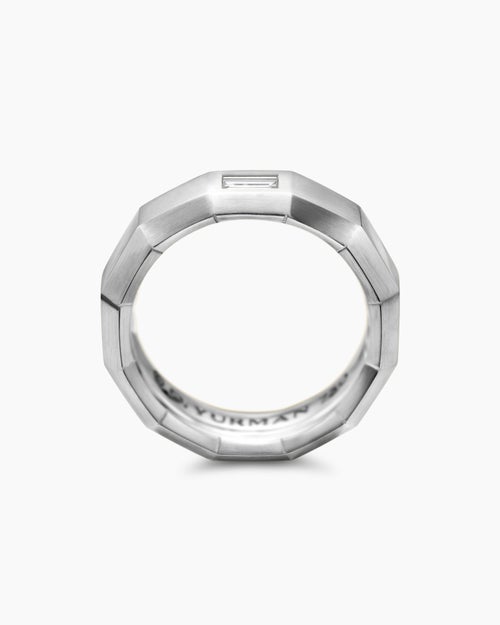 Mens Faceted Band Ring in 18K White Gold with Center Diamond, 6mm