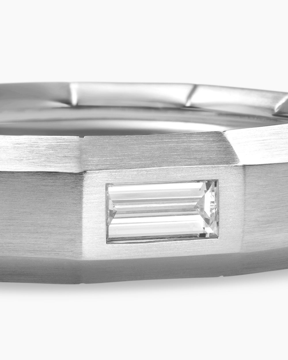 Mens Faceted Band Ring in 18K White Gold with Center Diamond, 6mm