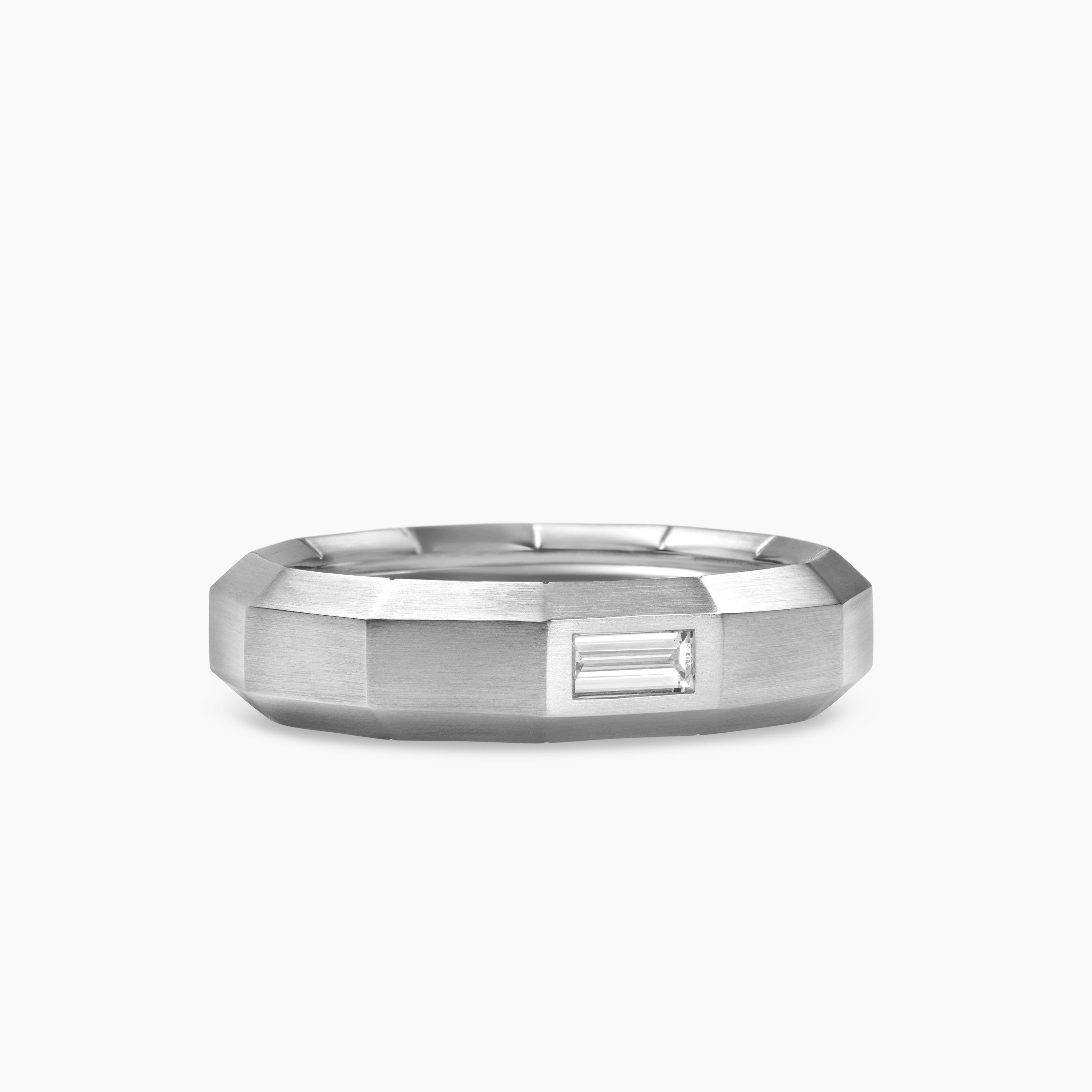 Mens Faceted Band Ring in 18K White Gold with Diamond, 6mm