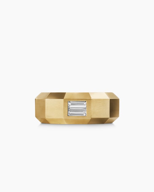 Mens Faceted Band Ring in 18K Yellow Gold with Center Diamond, 8mm