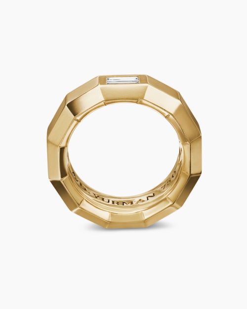 Mens Faceted Band Ring in 18K Yellow Gold with Center Diamond, 8mm