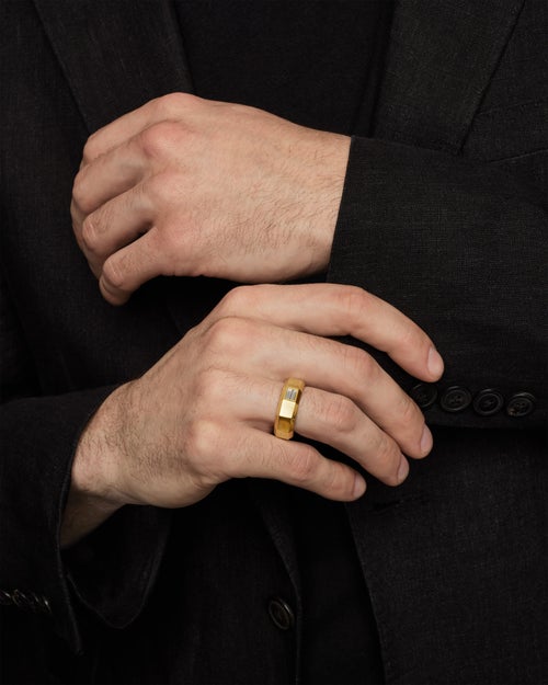 Mens Faceted Band Ring in 18K Yellow Gold with Center Diamond, 8mm