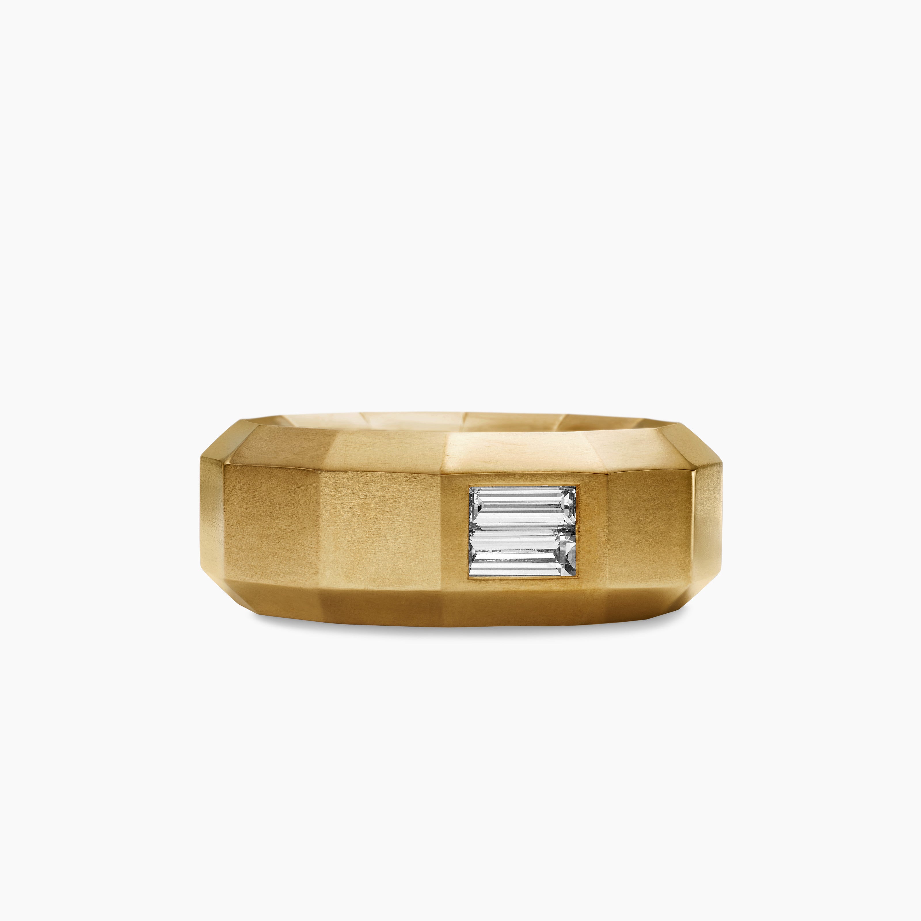 Mens Faceted Band Ring in 18K Yellow Gold with Center Diamond, 8mm