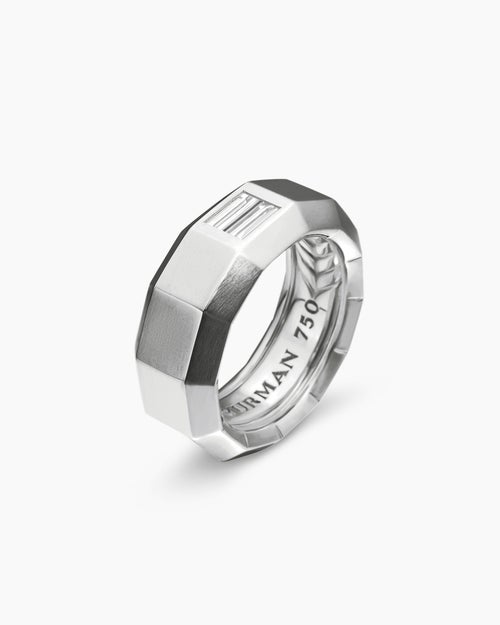 Mens Faceted Band Ring in 18K White Gold with Diamond, 8mm