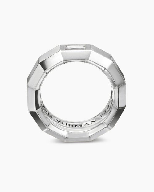 Mens Faceted Band Ring in 18K White Gold with Diamond, 8mm