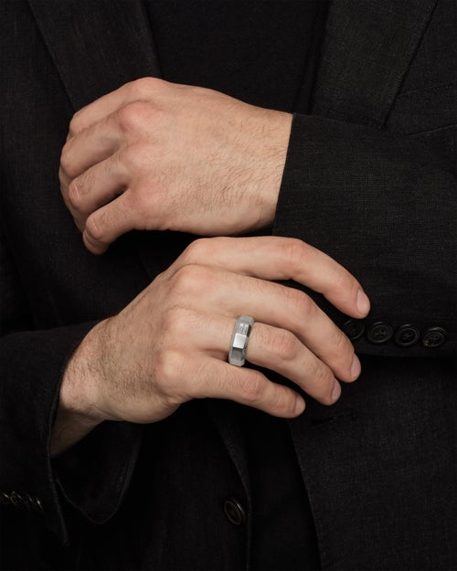 Mens Faceted Band Ring in 18K White Gold with Diamond, 8mm