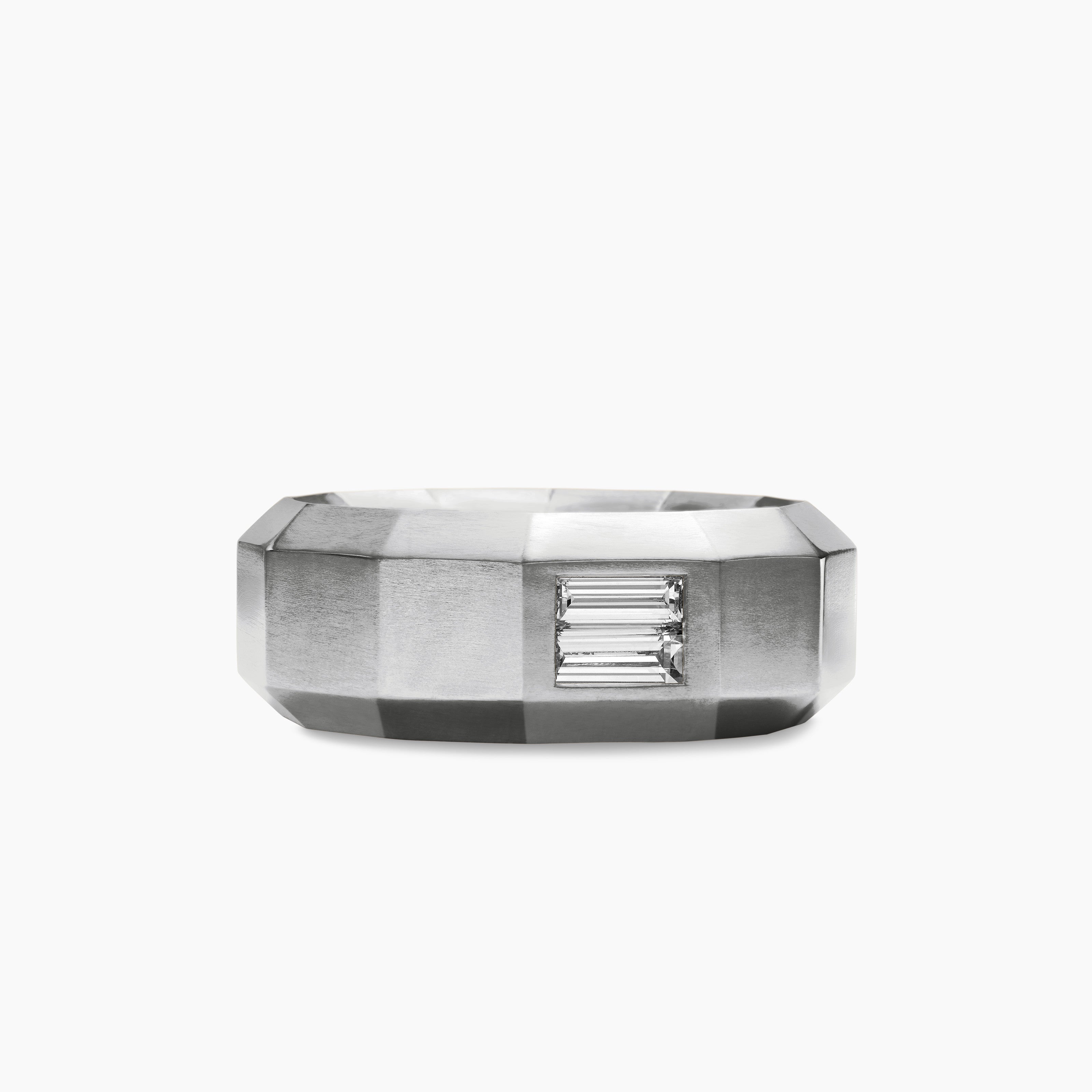 Mens Faceted Band Ring in 18K White Gold with Diamond, 8mm