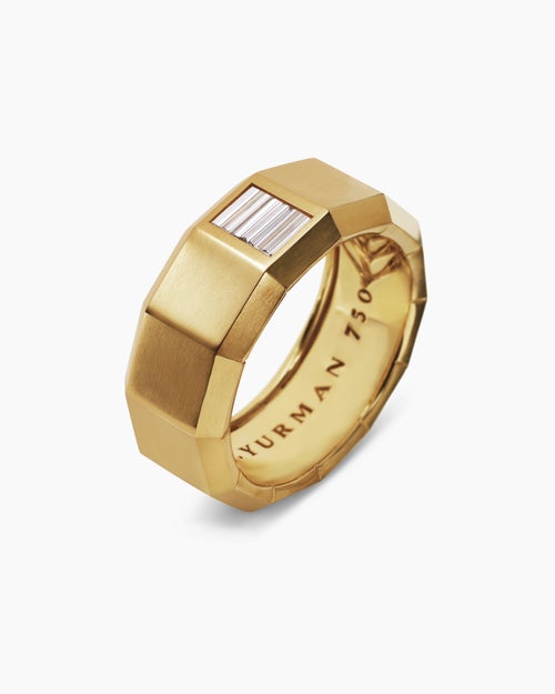 Mens Faceted Band Ring in 18K Yellow Gold with Center Diamond, 10mm