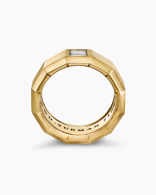 Mens Faceted Band Ring in 18K Yellow Gold with Center Diamond, 10mm