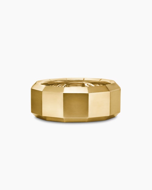 Mens Faceted Band Ring in 18K Yellow Gold with Center Diamond, 10mm