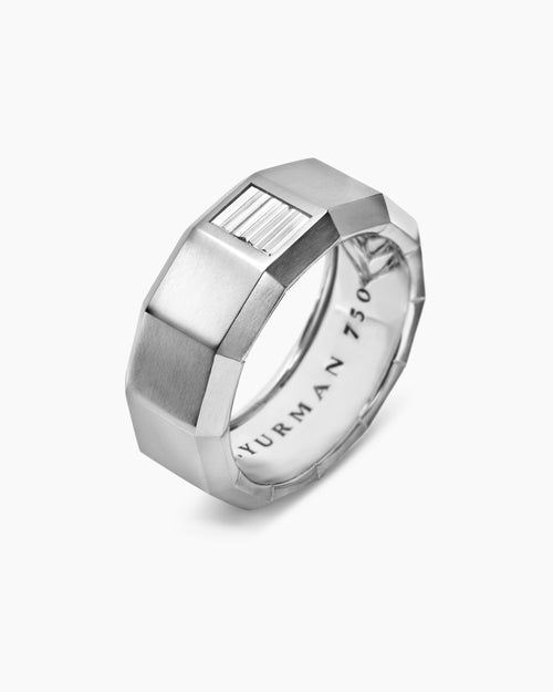 Mens Faceted Band Ring in 18K White Gold with Diamond, 10mm