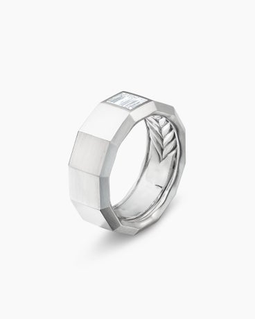 Faceted Band Ring in 18K White Gold with Center Diamond, 10mm