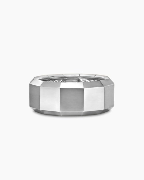 Mens Faceted Band Ring in 18K White Gold with Diamond, 10mm