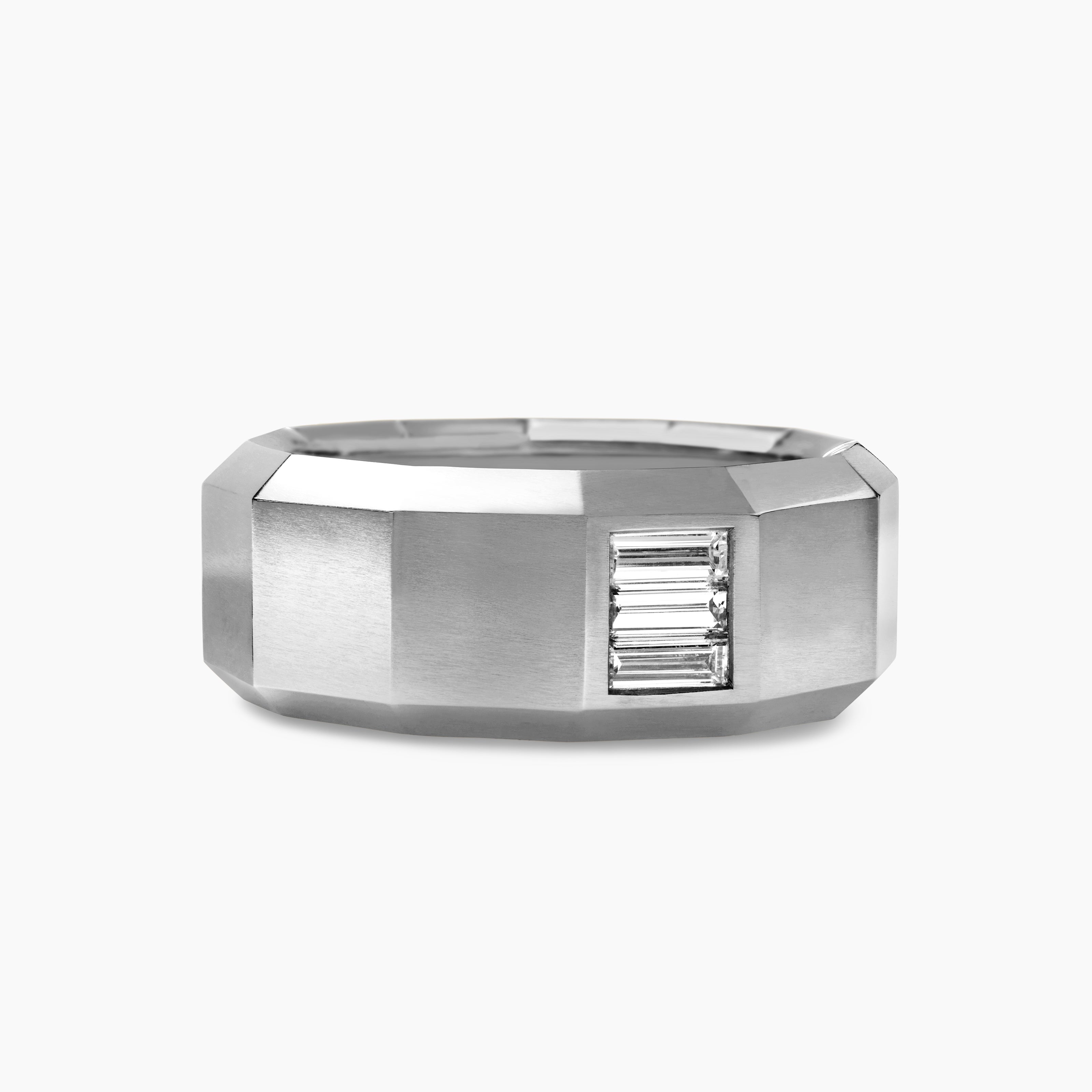 Mens Faceted Band Ring in 18K White Gold with Diamond, 10mm
