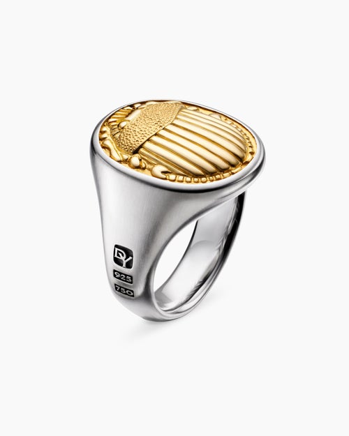 Mens Petrvs Scarab Signet Ring in Sterling Silver with 18K Yellow Gold, 21.5mm