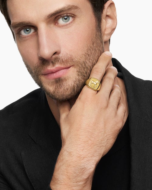 Mens Petrvs® Horse Signet Ring in 18K Yellow Gold, 18.3mm