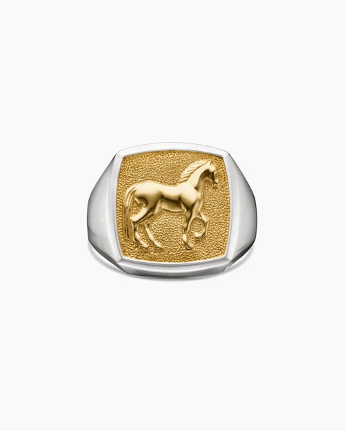 Mens Petrvs Horse Signet Ring in Sterling Silver with 18K Yellow Gold, 18.3mm
