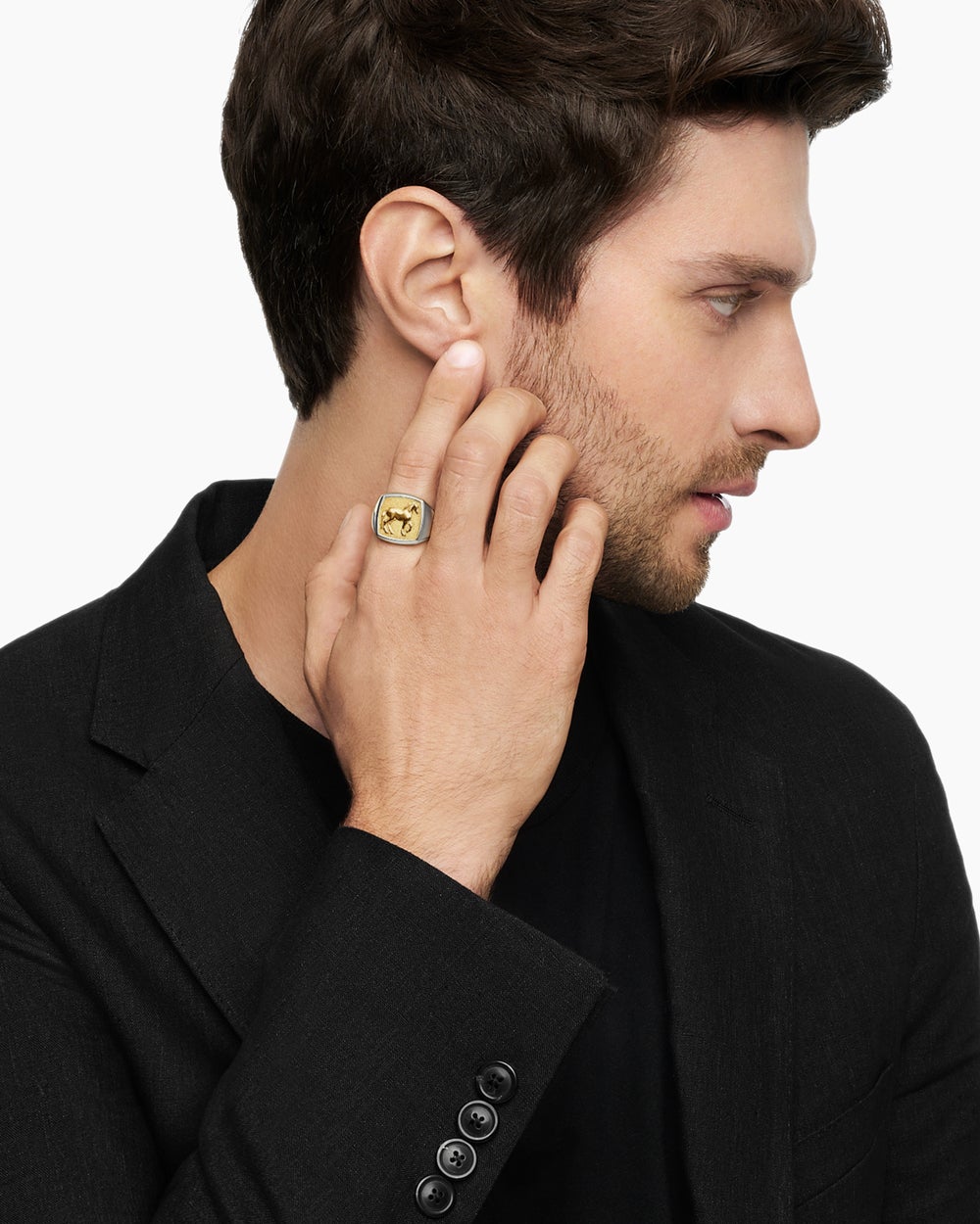 Mens Petrvs Horse Signet Ring in Sterling Silver with 18K Yellow Gold, 18.3mm