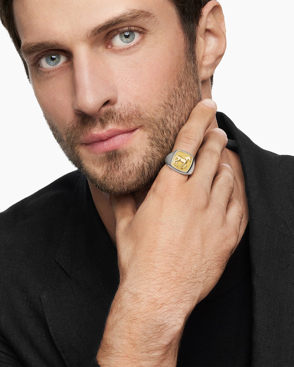 Mens Petrvs Horse Signet Ring in Sterling Silver with 18K Yellow Gold, 18.3mm
