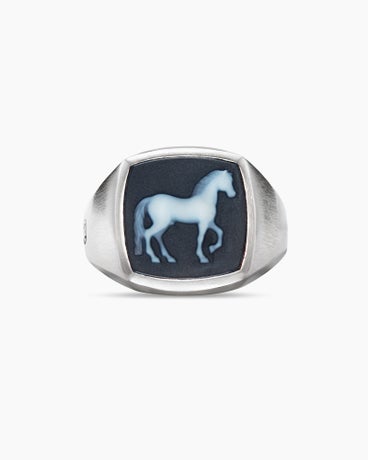 Petrvs® Horse Signet Ring in Sterling Silver with Banded Agate, 18.3mm