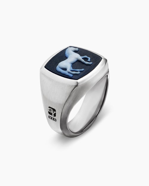 Mens Petrvs® Horse Signet Ring in Sterling Silver with Banded Agate, 18.3mm