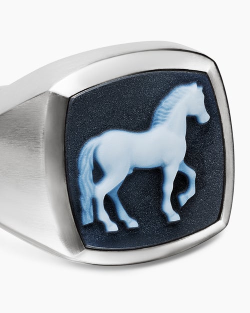 Mens Petrvs® Horse Signet Ring in Sterling Silver with Banded Agate, 18.3mm