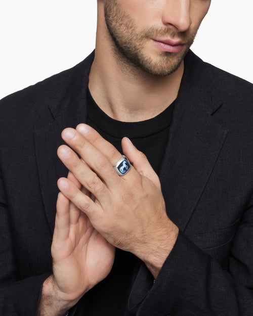 Mens Petrvs® Horse Signet Ring in Sterling Silver with Banded Agate, 18.3mm