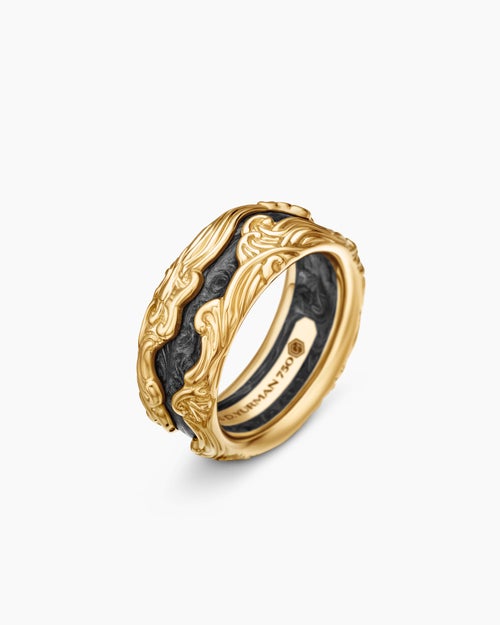 Mens Waves Forged Carbon Band Ring in 18K Yellow Gold, 13mm