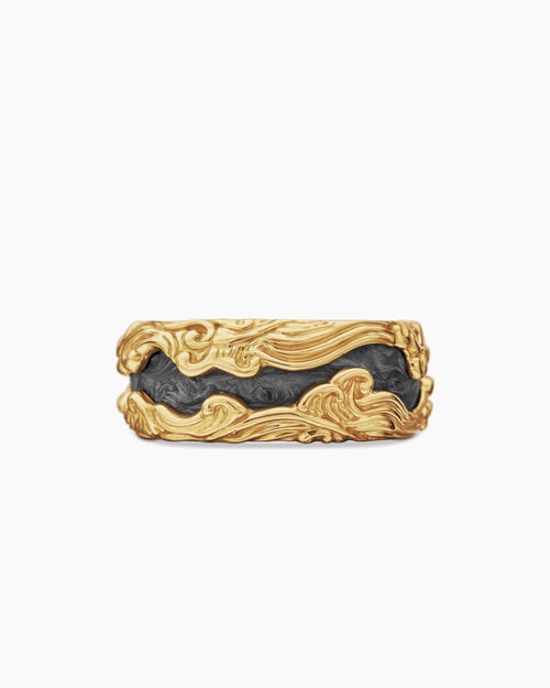 Mens Waves Forged Carbon Band Ring in 18K Yellow Gold, 13mm