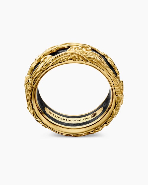 Mens Waves Forged Carbon Band Ring in 18K Yellow Gold, 13mm