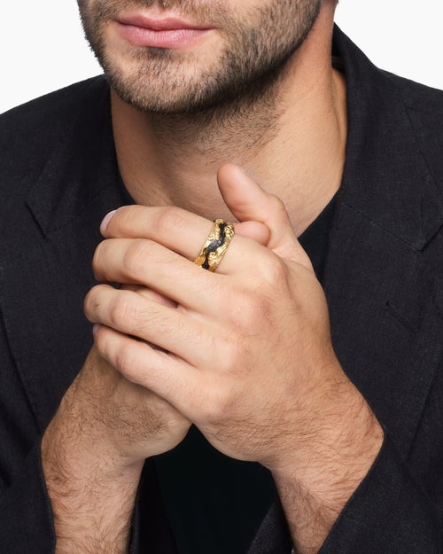 Mens Waves Forged Carbon Band Ring in 18K Yellow Gold, 13mm