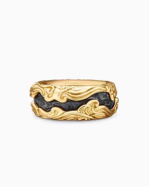 Mens Waves Forged Carbon Band Ring in 18K Yellow Gold, 13mm