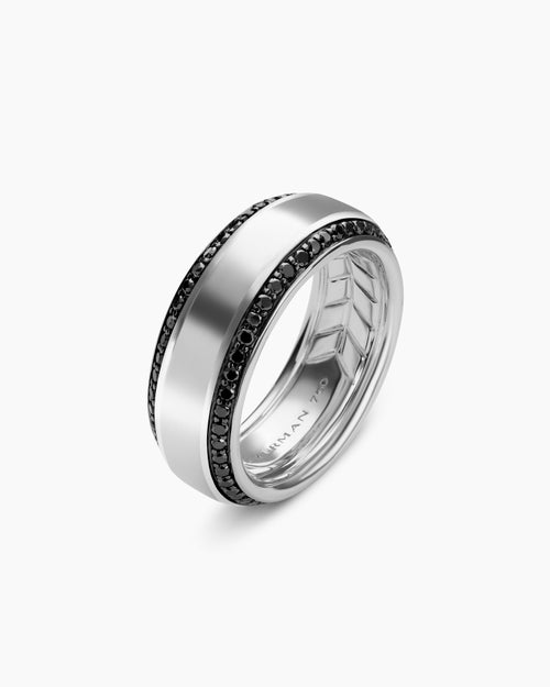 Mens Beveled Band Ring in 18K White Gold with Black Diamonds, 8mm