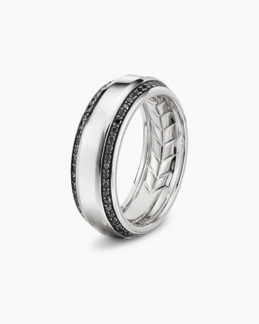 Beveled Band Ring in 18K White Gold with Black Diamonds, 8mm